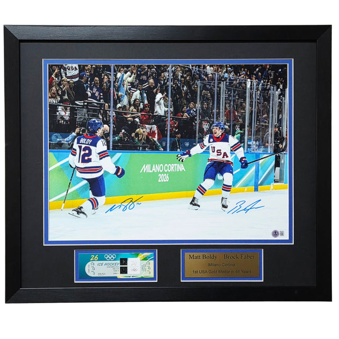 Matt Boldy & Brock Faber Signed & Professionally Framed 'USA Celebration' 16x20 Photo w/ Replica Ticket
