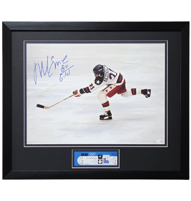 Mike Eruzione Signed & Professionally Framed 16x20 Display w/ Inscription & Replica Ticket