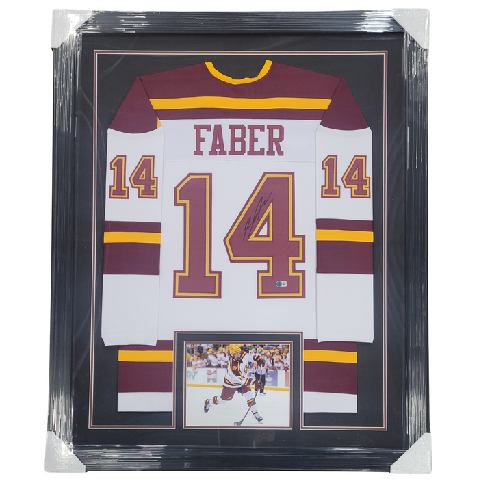 Brock Faber Signed & Professionally Framed Player White College Hockey Jersey