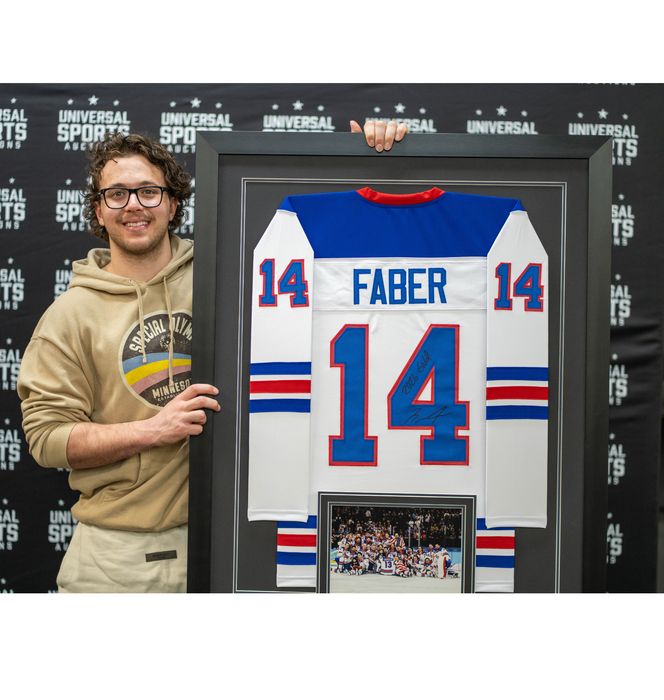 Brock Faber Signed & Professionally Framed White USA Player Hockey Jersey