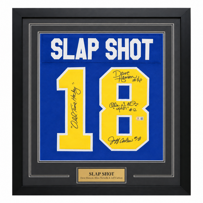 Slap Shot Cast Signed & Professionally Framed Player Jersey Shadow Box Display w/ 'Old Time Hockey'