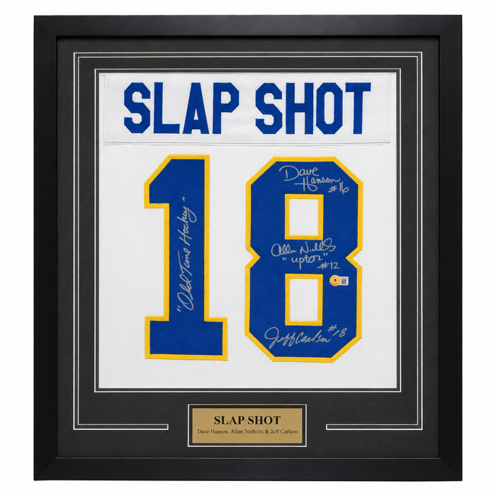 Slap Shot Cast Signed & Professionally Framed Player Jersey Shadow Box Display w/ 'Old Time Hockey'