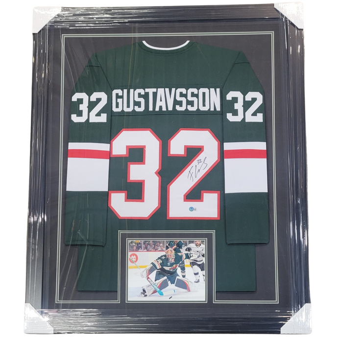 Filip Gustavsson Signed & Professionally Framed Player Green Hockey Jersey
