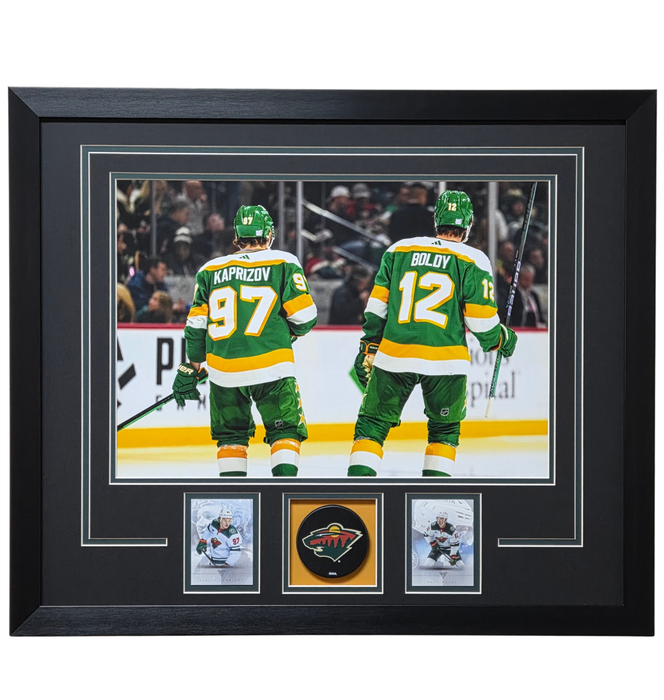 Kirill Kaprizov & Matt Boldy Professionally Framed Tribute Card & Puck Display