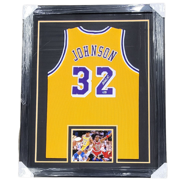 Magic Johnson Signed & Professionally Framed Player Yellow Basketball Jersey