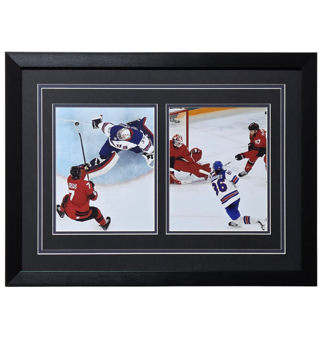 The Save &amp; The Goal: '26 Team USA Gold Unsigned Professionally Framed Dual 8x10 Displa